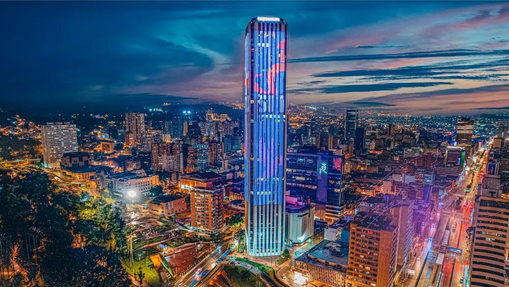 skycraper in colombia in the sunset